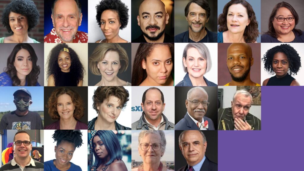 grid of headshots of Dramathon performers on purple background